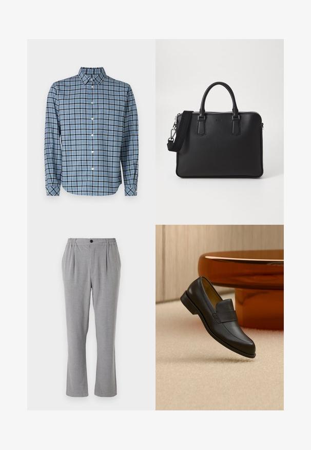 Camisa de botones de algodón tejido, patrón de cuadros azul y negro, de manga larga, con cuello, botones blancos y puños ajustables.; Pantalones grises con tejido texturizado, con cierre de botón y cintura elástica. Diseño de pierna recta con pliegues laterales.; Zapato mocasín de cuero negro con tacón bajo flotando sobre suelo alfombrado beige cerca de una mesa redonda marrón.; Bolso de cuero negro con superficie texturizada, dos asas y una correa para el hombro desmontable. Presenta cremalleras plateadas y elementos de diseño minimalistas.