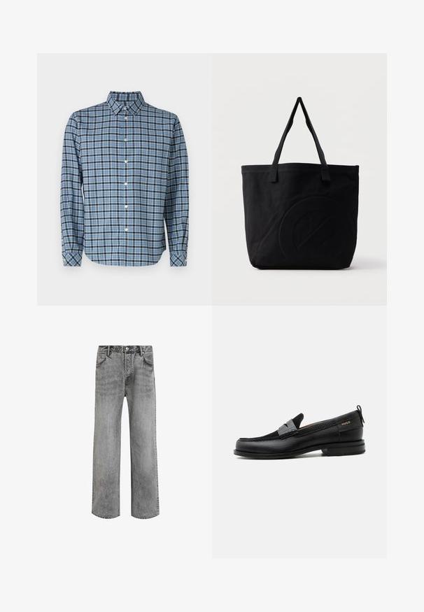 Skjorte med knapper i vævet bomuld, blå og sort ternet mønster, lange ærmer, krave, hvide knapper og justerbare cuffs.; Grå denimjeans med lige ben, høj talje, fem lommer og en falmet tekstur. Har lynlås med knap og bælteløkker.; Sort læderloafer med grå remdetalje, lav hæl og tekstureret sål, mærket med "HUGO" i guld på siden.; Sort canvas-tote-taske med to skulderstropper og et diskret præget cirkeldesign på fronten.