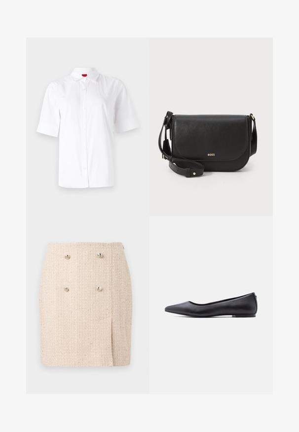Hvid kortærmet skjorte med knaplukning og klassisk krave, lavet af glat stof. Har et broderet logo på venstre brystområde.; Beige tekstureret nederdel med et vævet mønster, der har to markante sølvknapper foran og en let asymmetrisk kant.; Sort flad lædersko med spidst tåparti og lav hæl, vist i sideprofil mod en hvid baggrund.; Sort læder crossbody taske med fold-over klap, guld logo detalje og justerbar rem. Glat tekstur, minimalistisk design, rundede kanter.