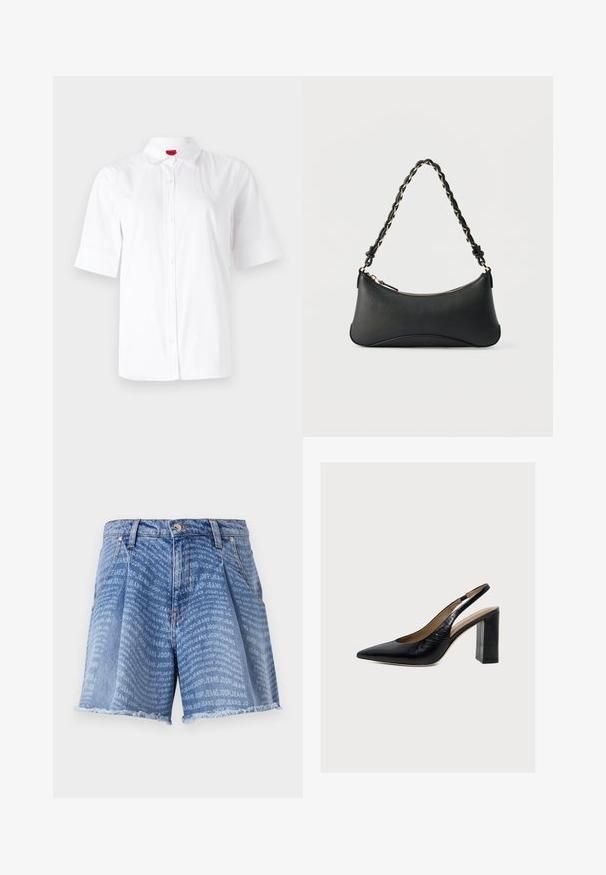 Hvid kortærmet skjorte med knaplukning og klassisk krave, lavet af glat stof. Har et broderet logo på venstre brystområde.; Lysblå denimshorts med en falmet vask, der har et gentaget "JOOP! JEANS" print over det hele. Den frynsede kant tilføjer tekstur.; Sort læder dame slingback sko med spids tå og høj blokhæl på lys baggrund.; Sort skuldertaske i læder med en buet rektangulær form, gyldent kæde vævet ind i en flettet sort rem og toplynlås.