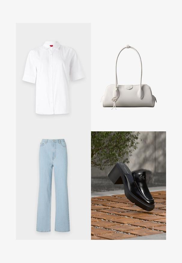 Chemise blanche à manches courtes avec col classique, fabriquée en tissu lisse. Présente un logo brodé sur la zone gauche de la poitrine.; Jean en denim bleu clair taille haute avec une coupe décontractée, jambes larges et design classique à cinq poches. Fait avec un bouton en métal et une fermeture éclair.; Mule slip-on en cuir noir Calvin Klein avec talon bloc reposant sur des carreaux en bois à l'extérieur près d'une plante verte et d'un mur gris.; Sac à bandoulière blanc Calvin Klein avec longues poignées, forme rectangulaire, fermeture éclair et charm logo décoratif suspendu près de la poignée.