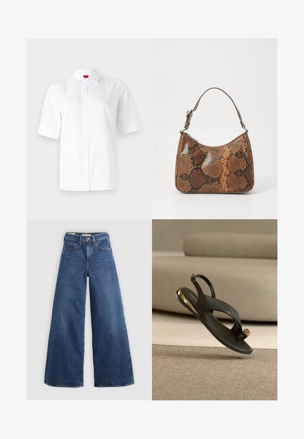 Hvid kortærmet skjorte med knaplukning og klassisk krave, lavet af glat stof. Har et broderet logo på venstre brystområde.; Bredde jeans i blå denim med fem lommer, knaplukning og kontraststing, der har en blød og tekstureret overflade.; Sort læder thongsandal med guld tåhætte, ankelrem med spænde og guldaccent på hælen, placeret på beige tæppe og sofabaggrund.; Lille håndtaske med brun og sort slangeskinn mønster, kort justerbar rem og lynlåslukning.