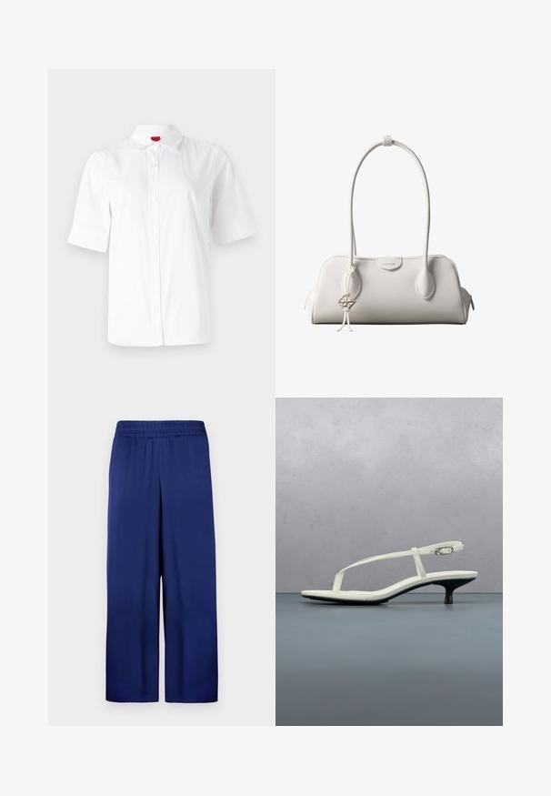 Camisa de botón blanca de manga corta con un cuello clásico, hecha de una tela suave. Presenta un logo bordado en el área del pecho izquierdo.; Pantalones de pierna ancha en azul marino con una cintura elástica, fabricados en tela suave, que presentan un diseño simple y funcional sin patrones visibles.; Sandalia blanca de tacón kitten con tiras y punta afilada, flotando sobre un suelo de baldosas de madera al aire libre, con un fondo desenfocado de plantas y pared.; Bolso de hombro blanco de Calvin Klein con asas largas, forma rectangular, cierre de cremallera y charm decorativo con el logo colgando cerca del asa.