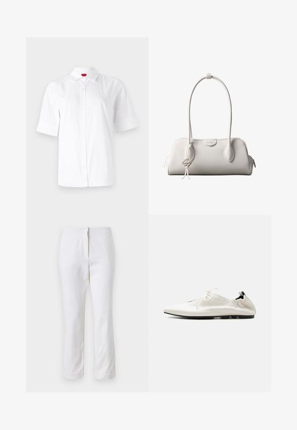 Camisa de botón blanca de manga corta con un cuello clásico, hecha de una tela suave. Presenta un logo bordado en el área del pecho izquierdo.; Pantalones de algodón blancos con un diseño de pierna recta, que cuentan con una cintura de media altura y sin herrajes o patrones visibles. Textura suave en todo su recorrido.; Zapato minimalista blanco de piel tipo slip-on con tacón remangado, cierre con cordones y suela negra fina sobre fondo liso.; Bolso de hombro blanco de Calvin Klein con asas largas, forma rectangular, cierre de cremallera y charm decorativo con el logo colgando cerca del asa.
