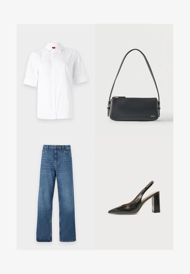 Chemise blanche à manches courtes avec col classique, fabriquée en tissu lisse. Présente un logo brodé sur la zone gauche de la poitrine.; Jean denim bleu taille haute avec une coupe large, présentant une texture lisse, des détails de couture minimaux et un style classique à cinq poches.; Chaussure slingback en cuir noir à bout pointu avec un talon bloc haut et une doublure intérieure beige sur un fond clair uni.; Sac à bandoulière rectangulaire en cuir noir avec fermeture éclair dorée et petit logo "HUGO" doré sur le devant, doté d'une sangle réglable avec boucle.