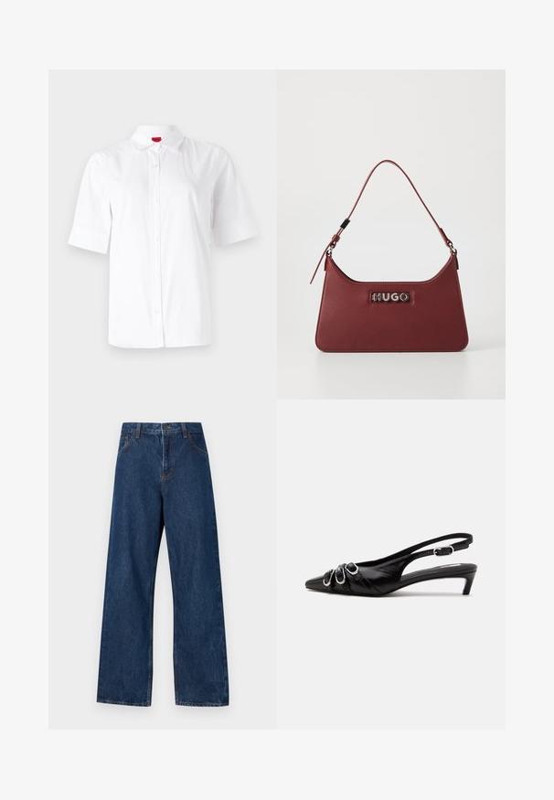 Weißes Kurzarmhemd mit Knopfleiste und klassischem Kragen, aus glattem Stoff gefertigt. Mit einem gestickten Logo auf der linken Brustseite.; Dunkelblaue weitgeschnittene Jeans aus Denim mit klassischem Fünf-Taschen-Design. Mit Kontrastnähten und einem Frontknopfverschluss.; Schwarzer Lederslingback mit spitzer Spitze, drei silbernen Schnallen vorne und niedrigem Kittenabsatz auf weißem Hintergrund.; Kleine rechteckige burgunderfarbene Lederhandtasche mit verstellbarem Riemen und silberner "HUGO"-Logoplatte auf der Vorderseite.
