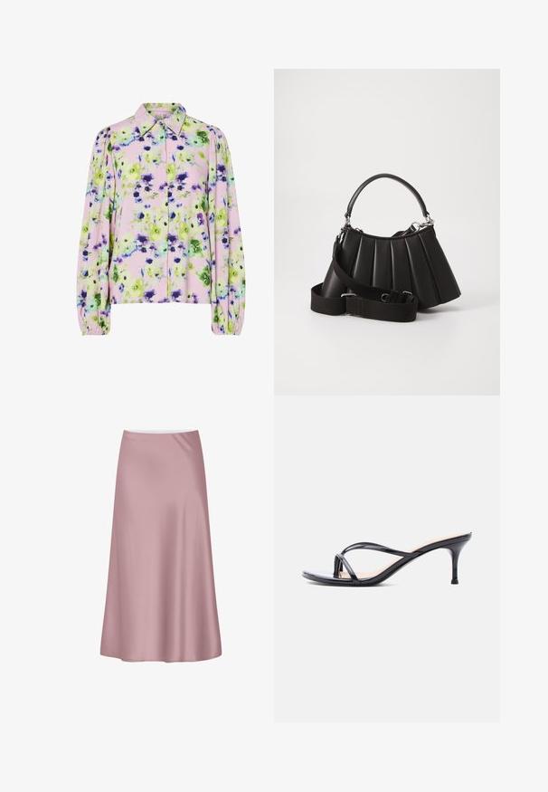 Blumenbluse aus pastellpinkem Stoff mit grünen und lila Blumendrucken, mit Kragen und puffärmeligen langen Ärmeln.; Sanfter rosa Satin-Midirock mit A-Linien-Silhouette und glattem, fließendem Stoff.; Schwarze Peeptoe-Sandale aus Lackleder mit dünnen, gekreuzten Riemen und einem schlanken, mittelhohen Stilettoabsatz vor weißem Hintergrund.; Schwarze, gefaltete Handtasche mit einem runden Griff, verstellbarem Schulterriemen und glänzender Textur. Verfügt über silberne Hardware und eine strukturierte Silhouette.