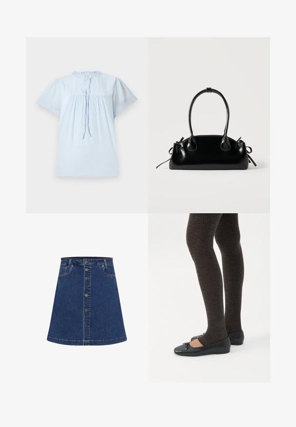 Blusa de manga corta azul claro con tejido texturizado, escote redondo y diseño con pliegues. Presenta un cordón en la parte delantera y acentos sutiles.; Falda de mezclilla en línea A de color azul oscuro con cierre de botones en el frente y costuras en contraste. Presenta dos bolsillos laterales y un dobladillo por encima de la rodilla.; Piernas con leggings oscuros acanalados combinados con bailarinas negras que presentan pequeños detalles de lazo sobre un fondo blanco.; Pequeño bolso negro brillante con dos asas largas y detalles de cordón lateral sobre un fondo claro liso.