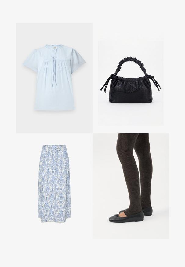 Lichtblauw kort mouwen blouse van gestructureerde stof, met een ronde halslijn en geplooid design. Bevat een trekkoord aan de voorkant en subtiele accenten.; Witte rok met een blauw bloemmotief, voorzien van plooien en een kantafwerking langs de zoom. Gemaakt van lichte stof, met een gestrikt tailleband.; Benen met donkere geribbelde leggings gecombineerd met zwarte ballerina's met kleine strikdetails op een witte achtergrond.; Zwarte handtas met krokodillenstructuur, geplooide bovenrand, samengevoerde handgreep en koordtassels aan elke kant tegen een witte achtergrond.