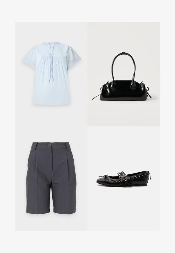Blouse bleu clair à manches courtes en tissu texturé, avec un col rond et un design plissé. Présente un cordon de serrage à l'avant et des accents subtils.; Shorts taillés gris avec des plis, fermeture à bouton et poches latérales. Fabriqués en tissu lisse et léger avec une coupe structurée.; Chaussure de ballet plate noire avec doubles brides à boucle, œillets argentés et petit nœud près de l’orteil arrondi sur fond blanc.; Petit sac à main noir brillant avec deux longues anses et des détails à cordon sur les côtés sur un fond clair uni.