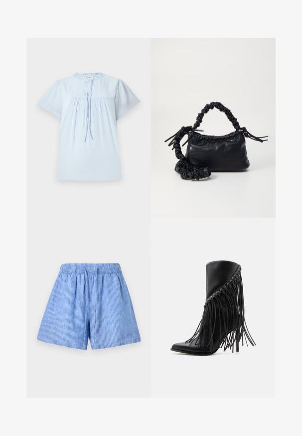 Blusa de manga corta azul claro con tejido texturizado, escote redondo y diseño con pliegues. Presenta un cordón en la parte delantera y acentos sutiles.; Pantalones cortos de color azul claro fabricados en algodón con rayas blancas verticales. Presentan una cinturilla elástica y un ajuste suelto y relajado.; Botín negro de tacón alto con flecos angulados y ojales metálicos a lo largo del borde superior, punta afilada y tacón de aguja.; Bolso de mano de imitación cuero negro con textura de cocodrilo, parte superior fruncida y correa arrugada. Presenta un diseño suave y compacto.