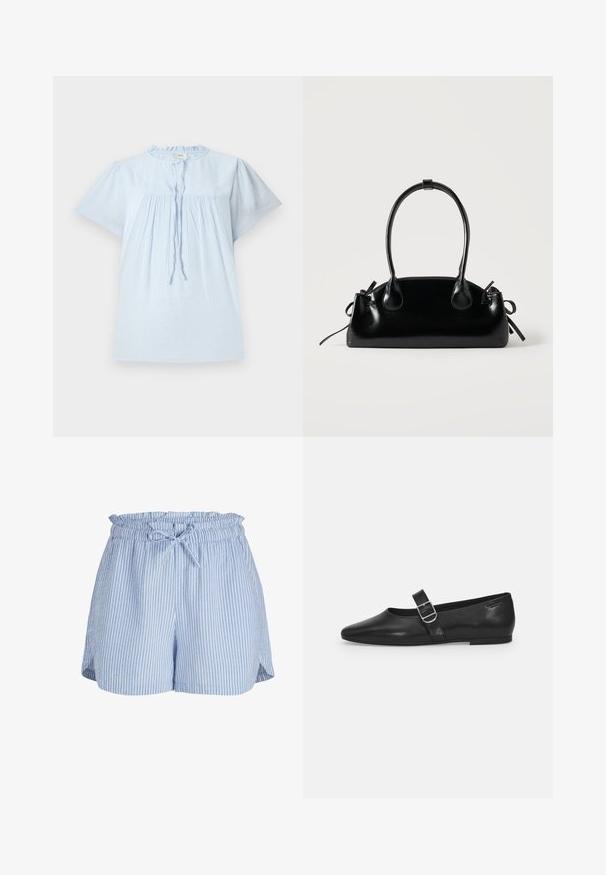 Blusa de manga corta azul claro con tejido texturizado, escote redondo y diseño con pliegues. Presenta un cordón en la parte delantera y acentos sutiles.; Pantalones cortos de mujer a rayas verticales en azul claro y blanco, con cinturilla elástica y cordón atado en la parte delantera.; Zapato plano de cuero negro con punta redondeada, una sola correa ajustable con hebilla y una textura suave y brillante. Diseño minimalista con un tacón bajo.; Pequeño bolso negro brillante con dos asas largas y detalles de cordón lateral sobre un fondo claro liso.