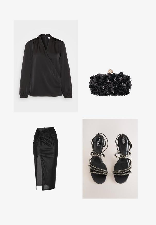 Sort langærmet bluse med krydsdesign, lavet af glat stof. Har sammensnørede detaljer ved skuldrene og elastiske manchetter.; Sort midi nederdel lavet af strækbart stof, med et snoet frontdesign, sideslids og lynlåslukning bagpå.; Sorte remsandaler med metalliske accenter. Har en glat, tekstureret sål og flere pyntede remme, der skaber et lagdelt udseende.; Sort blomstertekstureret clutch taske med en perle- og rhinsten dekoreret lås på toppen.