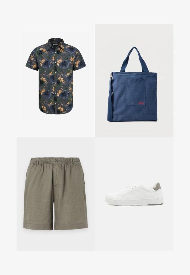 Kortærmet skjorte i mørkegrå stof med et tropisk blomstermønster i grønne, orange og gule nuancer. Knappeneddelse design med krave.; Khaki shorts i letvægtsstof med elastisk talje og knaplukning. Har et lige ben design og optrukket kant.; Hvid sneaker lavet af glat læder, rund tå, minimalistisk design, grå hælafsats og tekstureret gummisål.; Blå lærredstote taske med frontlomme og rød "O.N.S" broderi, med to håndtag og en justerbar skulderrem.