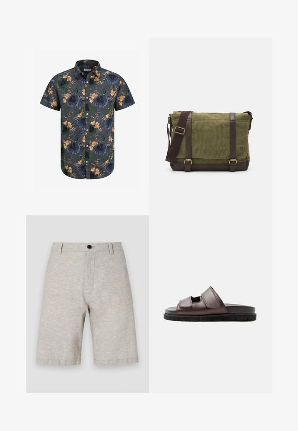 Chemise à manches courtes en tissu gris foncé avec un motif floral tropical dans des tons de vert, d'orange et de jaune. Design à boutons avec col.; Shorts en lin beige avec une texture lisse, dotés d'une fermeture à bouton unique, de passants de ceinture et d'une coupe droite qui arrive à mi-cuisse.; Sandale en cuir marron avec deux brides Velcro ajustables et une semelle noire coussinée sur fond blanc.; Sac messager en tissu vert avec des accents en cuir marron, un rabat à l'avant, une bandoulière réglable et une fermeture à glissière sur le dessus. Caractéristiques en métal doré.