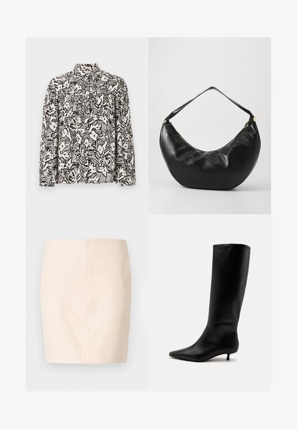 Chemise à manches longues avec un motif floral noir et blanc, dotée d'un col haut, d'un devant froncé et d'une coupe loose. Fabriquée en tissu léger.; Jupe beige ajustée avec une texture lisse et des lignes épurées. Elle présente une taille mi-haute et une silhouette droite. Pas de fermetures ni d'ornements visibles.; Botte noire en cuir jusqu'au genou avec bout pointu et petit talon kitten sur un fond clair uni.; Sac à épaule en cuir noir, de forme courbée, avec une texture douce et une seule sangle; il comporte une fermeture éclair dorée et un logo discret.