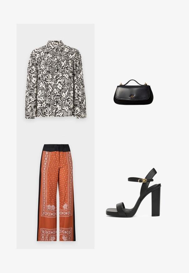Chemise à manches longues avec un motif floral noir et blanc, dotée d'un col haut, d'un devant froncé et d'une coupe loose. Fabriquée en tissu léger.; Pantalons à jambes larges en orange avec une taille noire, dotés d'un motif bandana blanc complexe, d'une texture lisse et de designs de bordure détaillés.; Sandal à talons hauts noirs en cuir lisse, avec une large lanière à l'avant, une lanière de cheville avec une boucle dorée et un talon carré épais.; Sac à main en cuir noir avec une petite poignée, logo "cK" doré sur le rabat avant, et accessoires dorés.