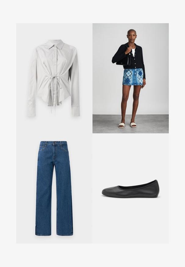 Lys grå langærmet skjorte med en tætsiddende talje, knaplukning foran og bånddetalje i taljen. Lavet af glat stof med klassisk krave.; Blå højtaljede vide ben-jeans med for- og baglommer, knaplukning og synlig syning på en hvid baggrund.; Sort læderballetsko med rund tå, glat tekstur, minimal syning og et fleksibelt såldesign.; Sort striktrøje, hvid top, denimnederdel med blå og sort diamantmønster, sort håndtaske og beige slidesandaler.