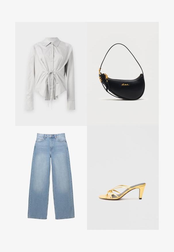 Hellgraues Langarmhemd mit taillierter Passform, Knopfleiste und Bindeband in der Taille. Hergestellt aus glattem Stoff mit klassischem Kragen.; Helle blaue, weit geschnittene Jeans aus Denim. Besitzt eine hohe Taille, Taschen vorne und einen Knopfverschluss. Angenehme Textur mit dezenter Ausbleichung.; Gelber metallischer High-Heel-Sandalette mit überkreuzten Riemen, offener Spitze und schlankem Absatz. Gepolsterte Fußbett in Grau.; Schwarze, halbmondförmige Ledertasche mit goldfarbenem Reißverschluss, verstellbarem Riemen und kleinem goldfarbenem "Steve Madden"-Logo auf der Vorderseite.