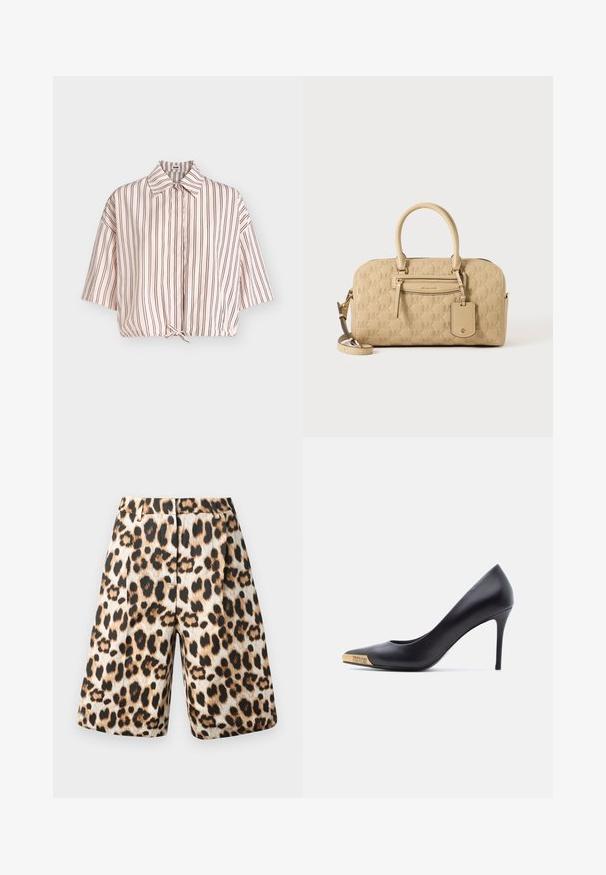 Lyserød kortærmet skjorte med smalle lodrette sorte striber og en lille sløjfe ved kanten, vist på en grå baggrund.; Shorts med leopardprint, der har en blanding af beige og sorte nuancer, plisseret design og sidelommer. Fremstillet af glat stof med en shiny finish.; Sort læder højhælet pumpe med spids snude, guldmetalspids indgraveret med "Versace Jeans Couture," vist fra siden på hvid baggrund.; Beige Michael Kors håndtaske med præget MK-mønster, dobbelte håndtag, frontlynlåslomme og aftagelig skulderrem på hvid baggrund.