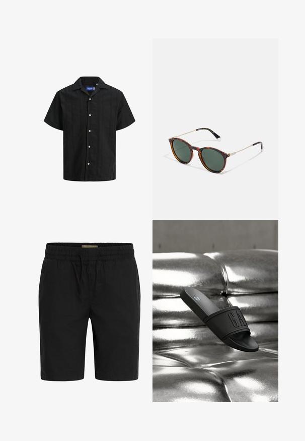 Camisa negra de manga corta con cierre delantero de botones, hecha de una tela texturizada, que presenta un cuello clásico y sutiles rayas verticales.; Pantalones cortos negros hechos de una tela ligera, que cuentan con una cinturilla elástica con cordón y bolsillos laterales para mayor comodidad.; Sandalia negra tipo slide con una banda ancha y el logo "GAP", descansando sobre una superficie metálica brillante con botones acolchados.; Gafas de sol redondas con montura de carey, lentes verde oscuro y patillas metálicas delgadas. Con logotipo en las varillas.
