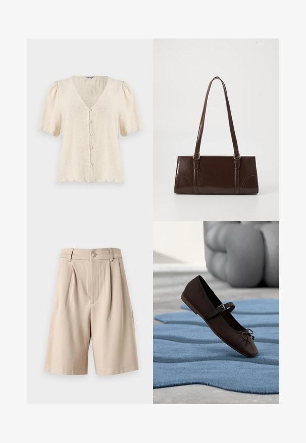 Blouse beige à manches courtes avec bords festonnés, col en V et cinq boutons sur le devant, confectionnée en tissu texturé.; Shorts beige taille haute cintrés avec plis, passants pour ceinture, fermeture avant par bouton et ourlet à hauteur des genoux sur fond blanc.; Chaussure plate Mary Jane marron foncé avec boucle et détail nœud reposant sur un tapis texturé bleu ondulé, et un canapé gris rembourré en arrière-plan.; Sac à main en cuir verni marron de forme rectangulaire, avec deux longues poignées et des accents courbés subtils à l'avant.