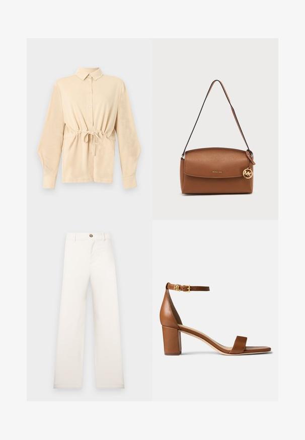 Beige overhemd met lange mouwen, knopen en kraag, met taillekoord, afgebeeld tegen een effen lichtgrijze achtergrond.; Beige, wijde broek gemaakt van een textuurstof. Voorzien van een sluiting met knopen aan de voorkant en riemlussen. Eenvoudig en strak ontwerp zonder patronen.; Lauren Ralph Lauren LOGAN BURNISHED LEATHER SANDAL - Sandalen - deep saddle tan; Bruine leren schoudertas met een klep, smalle band en een ronde gouden Michael Kors logo hanger aan de zijkant.