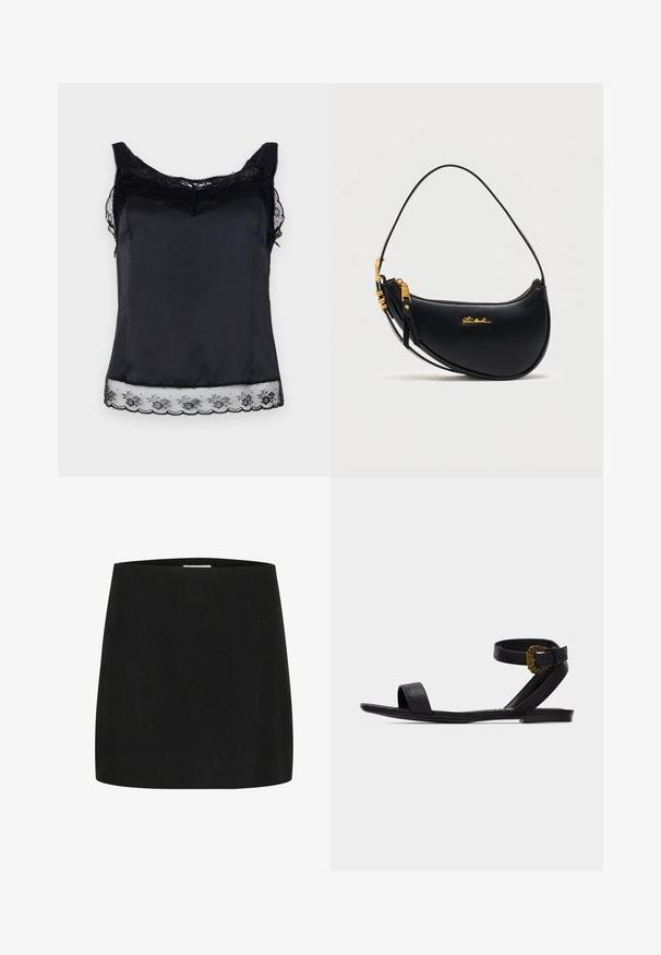Camisole en satin noir avec des accents en dentelle sur le décolleté et l'ourlet. Possède une texture lisse et des bretelles ajustables, avec des détails en dentelle florale.; Mini-jupe noire en tissu texturé, avec une coupe simple et droite, sans embellissements ni motifs visibles.; Sandale plate noire avec des brides texturées, une bride de cheville maintenue par une boucle dorée ornée, et un design à bout ouvert.; Sac à main en cuir noir en forme de croissant avec une fermeture éclair dorée, une bandoulière réglable et un petit logo doré "Steve Madden" à l'avant.