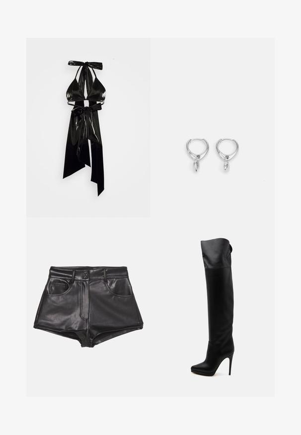 ÚCHÈ By Amber BOWKINI - Top - black; Pantalones cortos de imitación cuero negros con cintura alta, que cuentan con dos bolsillos frontales, costuras visibles y una textura suave.; Bota de cuero negra hasta la rodilla con puntera puntiaguda y tacón alto de aguja sobre fondo blanco.; Pendientes de aro plateados con un diseño liso y redondeado que presenta una gota colgante puntiaguda. El acabado es brillante y reflectante, resaltando una elegancia sencilla.