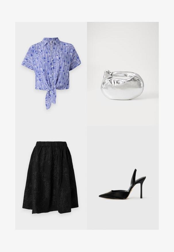 Camisa de manga corta azul y blanca, con diseño de lazo al frente y patrón abstracto de olas. Tejido ligero con un corte relajado.; Falda negra con cintura elástica, con patrones florales texturizados. La tela parece ligera y ligeramente arrugada.; Zapato de tacón alto de cuero negro con punta afilada, costado abierto y tacón stiletto delgado. Textura suave con un acabado brillante.; Bolsa de pouch metálica plateada con una forma suave y redondeada y un cierre en la parte superior con un nudo. Hecha de un material de imitación de cuero suave.