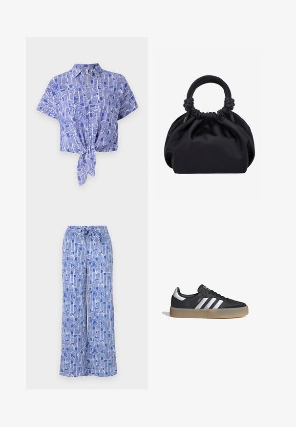Camisa de manga corta azul y blanca, con diseño de lazo al frente y patrón abstracto de olas. Tejido ligero con un corte relajado.; Pantalones de pierna ancha de color azul con un patrón, que cuentan con una cinturilla ajustable, hechos de una tela ligera con diseños abstractos de líneas blancas.; Zapatilla deportiva de cuero negro con tres rayas plateadas, punta texturizada y suela de goma. Cuenta con un collar acolchado y un diseño con cordones.; Bolso de mano de tela negra suave con parte superior fruncida y asas acolchadas circulares atadas con nudos a cada lado.