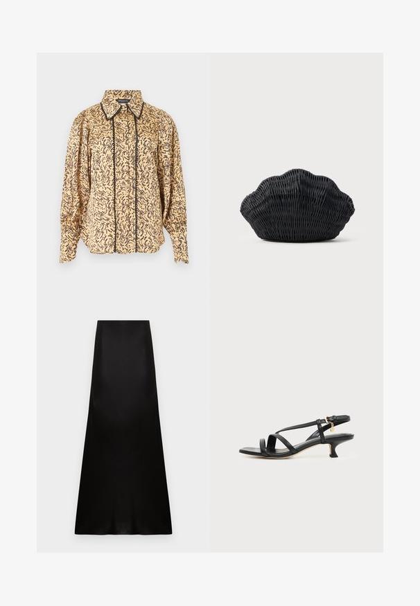 Blouse beige à manches longues avec motif abstrait noir, col pointu, boutons à l'avant et bordure noire le long de la ligne des boutons et des bords du col.; Jupe longue en satin noir avec taille haute et ourlet légèrement évasé sur fond blanc.; Sandale noire en cuir à brides fines, talon bas kitten, boucle à la cheville et petit pendentif doré sur fond clair uni.; Sac à main en osier noir en forme de coquille Saint-Jacques avec un dessus courbé et une texture tressée sur un fond uni.