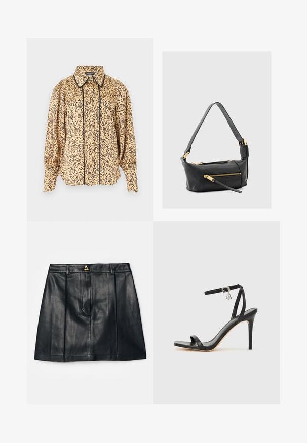Beige blouse met lange mouwen en zwart abstract patroon, puntkraag, knopen aan de voorkant en zwarte bies langs de knopenlijn en kraagranden.; AERON RUDENS SKIRT - A-lijn rok - black; Zwarte sandaal met hoge hak, smalle enkelband, vierkante neus, soepel leermateriaal en metalen gespsluiting.; Zwart leren schoudertas met dubbele ritssluitingen, gouden accenten en een brede verstelbare riem. Soepele textuur en rechthoekige vorm.
