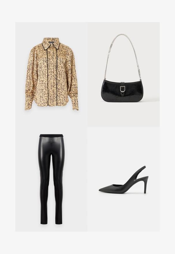 Blouse beige à manches longues avec motif abstrait noir, col pointu, boutons à l'avant et bordure noire le long de la ligne des boutons et des bords du col.; Leggings en simili cuir noir avec une texture lisse, une silhouette ajustée et une large ceinture. Aucune couture ni motif visible.; Escarpins à talon aiguille en cuir noir, avec un design à bout pointu, présentant une découpure à l'avant et un talon fin.; Sac à épaule en cuir verni noir avec détail de boucle argentée et bandoulière en chaîne argentée, présenté sur un fond uni clair.