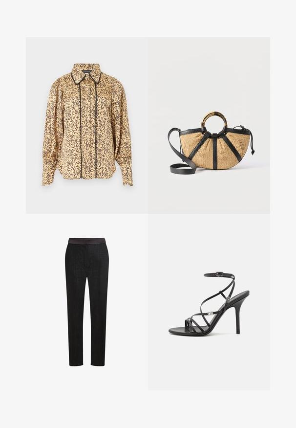 Beige bluse med lange ærmer og sort abstrakt mønster, spids krave, knapper foran og sort kant langs knaplinjen og kravekanterne.; Sorte skræddersyede bukser med en glat talje, lige ben og en subtil teksturmønster. Velegnede til formelt eller afslappet brug.; Sort højhælet sandal med tynde stropper, en ankelspænde, en glat læderoverflade og en slank stilethæl.; Vævet håndtaske med sort læderkant, et rundt håndtag i guld og skildpaddeskal samt en aftagelig sort læder skulderrem.