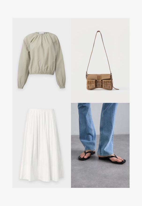 Blusa corta beige con cintura y puños elastizados, que presenta un escote fruncido y un tejido ligero, ligeramente texturizado.; Proenza Schouler White Label Falda acampanada - white; Chanclas negras con una amplia correa en forma de V, hechas de goma. Llevadas con jeans rectos de color azul claro, que muestran un denim texturizado.; Bolso bandolera color bronce con correa larga, hebilla central y dos bolsillos frontales con patrones en relieve que parecen un laberinto.