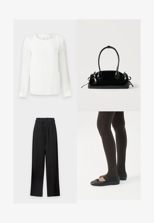 Blusa blanca de mangas largas con un patrón de espiga texturizado. Tejido del cuerpo suave con un escote redondeado y cierre de botón en la parte posterior.; Pantalones de pierna ancha negros con una cinturilla elástica y cordón. Fabricados con un tejido suave sin patrones visibles ni elementos de metal.; Piernas con leggings oscuros acanalados combinados con bailarinas negras que presentan pequeños detalles de lazo sobre un fondo blanco.; Pequeño bolso negro brillante con dos asas largas y detalles de cordón lateral sobre un fondo claro liso.