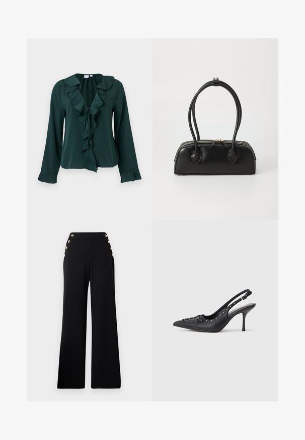 Dunkelgrüne Langarmbluse mit gerüschtem V-Ausschnitt und Ärmelbündchen, Binddetail vorne und leicht lockerer Passform.; Schwarze hochtaillierte, weite Hose mit goldenen Knöpfen an der Vorderseite und Taschen an beiden Hüften auf weißem Hintergrund.; Schwarzer Leder-Slingback-Stiletto mit spitzem Zehenaufsatz, seitlichem Schnallenriemen, Nieten entlang der Kante und dekorativer Schnürung vorne.; Schwarze Lederhandtasche mit zwei verlängerten Griffen, Reißverschluss und runder Form; glatte Textur mit subtiler glänzender Oberfläche.
