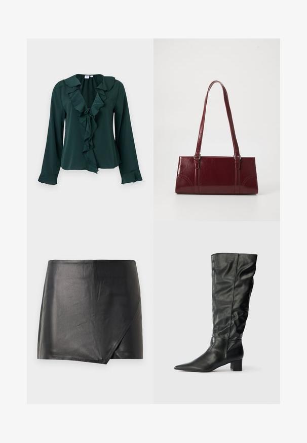 Donkergroene blouse met lange mouwen, gerimpelde V-hals en manchetten, strikdetail aan de voorkant en een licht losse pasvorm.; Zwarte leren minirok met een wikkelontwerp, gladde textuur en een schone afwerking. Bevat geen zichtbare hardware of patronen.; Zwarte leren kniehoge laarzen met een spitse neus, slappe schacht en een blokhak. Gladde textuur met minimale zichtbare stiksels.; Bourgondische handtas van glanzend materiaal, rechthoekige vorm, met twee schouderbanden en subtiele gebogen accenten aan de voorkant.
