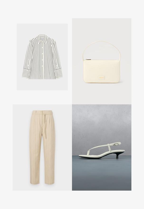 Chemise blanche à manches longues avec boutons, rayures verticales noires et col pointu, posée à plat sur un fond clair.; Pantalon beige à rayures avec une coupe décontractée, présentant une taille cintrée, une fermeture à bouton et une ceinture à nouer, fabriqué à partir d'un tissu léger.; Sandale blanche à talon kitten avec des lanières et un bout pointu, flottant au-dessus d'un sol en carrelage en bois en plein air avec un arrière-plan flou de plante et de mur.; Sac à main rectangulaire de couleur crème avec une seule sangle et une fermeture éclair sur le dessus, comportant une petite plaque de logo embossé à l'avant.