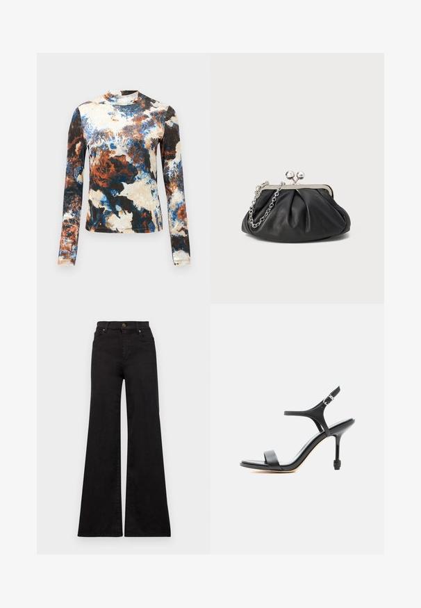 Langærmet top i en blanding af blå, brun og cremefarvede abstrakte mønstre. Blødt stof med en tætsiddende pasform og høj hals.; Sorte flared jeans lavet af denim med høj talje, med forlommer og metaldele på knappen og nitterne.; Sort læder sandal med høje hæle, tynde stropper, åben tå og justerbar ankelspænde, vist mod en ensartet hvid baggrund.; Sort læder clutch med samlet tekstur, sølvfarvet metalramme, kys-lås lukning og kædestrop. Glat, blød overflade.
