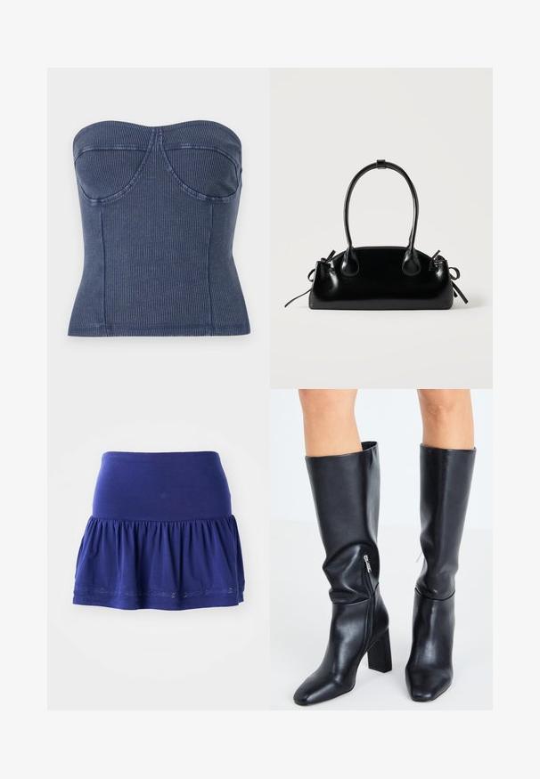 Top sans manches bleu marine en tissu côtelé. Il présente un corsage structuré, avec des détails de couture et une silhouette ajustée.; Jupe en jersey bleu marine avec un bas froncé, une ceinture élastique et une bordure décorative brodée le long de l'ourlet. Tissu doux et léger.; Steve Madden SPEEDWAY - Bottes - black; Petit sac à main noir brillant avec deux longues anses et des détails à cordon sur les côtés sur un fond clair uni.