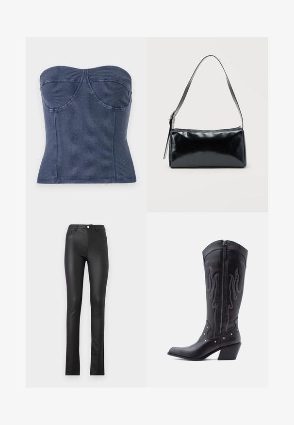 Marineblå stropløs top lavet af ribbet stof. Den har en struktureret bodice med sømdetaljer og en tætsiddende silhuet.; Sorte faux læderbukser med slim fit, der har en frontknaplukning, to frontlommer og en let flaret kant forneden.; Sorte cowboystøvler i læder med spids tå, synlige sømme, sølvfarvede nitte-detaljer og lynlås på den indvendige side.; Sort rektangulær skuldertaske med en enkelt justerbar rem og lynlås i toppen på en ensfarvet baggrund.
