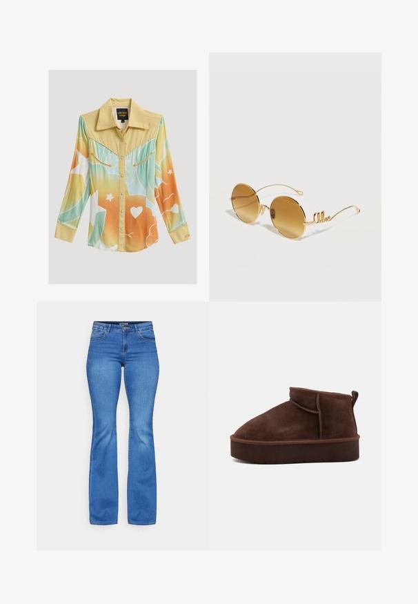 Western overhemd met lange mouwen, gele baan, verloop in pastelblauw, oranje, witte patronen, drukknopen en decoratieve pijlsiersteken op borstzakken.; ONLY ONLREESE RETRO - Flared Jeans - light medium blue denim; Bruine suède enkellaars met een ronde teen, zachte textuur en een dikke plateauzool. Beschikt over een subtiele naaddetail en een achterste lus om aan te trekken.; Ronde zonnebril met goudkleurige montuur, bruine getinte glazen en dunne pootjes met een sierlijke, cursieve "like" detail aan elke kant.