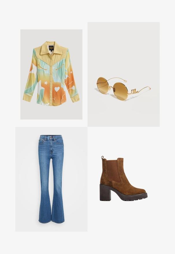 Western overhemd met lange mouwen, gele baan, verloop in pastelblauw, oranje, witte patronen, drukknopen en decoratieve pijlsiersteken op borstzakken.; Flared blauwe denim jeans met een hoge taille, voorzien van gestikte zakken, metalen knoop en een soepele textuur. Klassiek vijf-pocket ontwerp.; Bruine suède enkellaars met grove zwarte hak, elastisch zijpaneel en trekstreep aan de achterkant, zijaanzicht op witte achtergrond.; Ronde zonnebril met goudkleurige montuur, bruine getinte glazen en dunne pootjes met een sierlijke, cursieve "like" detail aan elke kant.