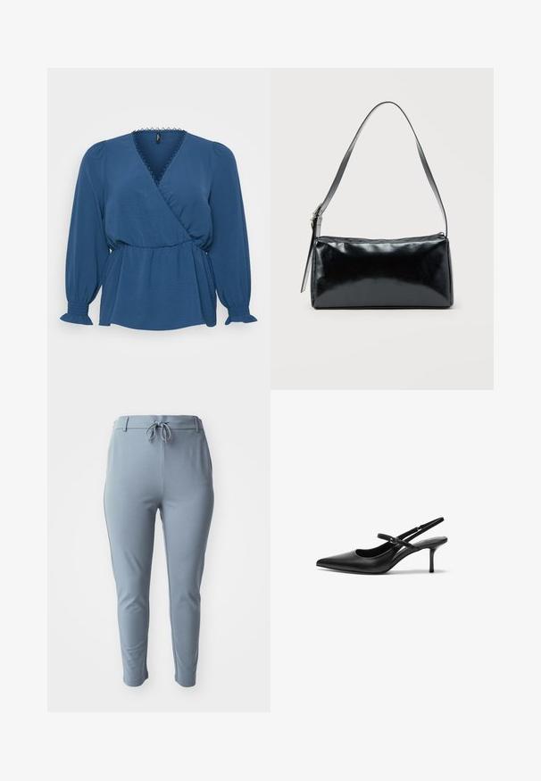 Blauwe wikkelblouse van gestructureerde stof. Beschikt over lange pofmouwen met elastische manchetten, kantafwerking bij de halslijn en een getailleerde taille.; Lichtblauwe, rekbare broeken met een taps toelopende pasvorm, elastische tailleband en verstelbaar trekkoord. Heeft zijzakken en een gladde textuur.; Zwarte leren slingback hakken met een puntige neus, slanke verstelbare band en een ongeveer 5 cm hoge stiletto hak, met een gladde textuur.; Zwarte rechthoekige schoudertas met een enkele verstelbare band en een bovenste ritssluiting op een effen achtergrond.