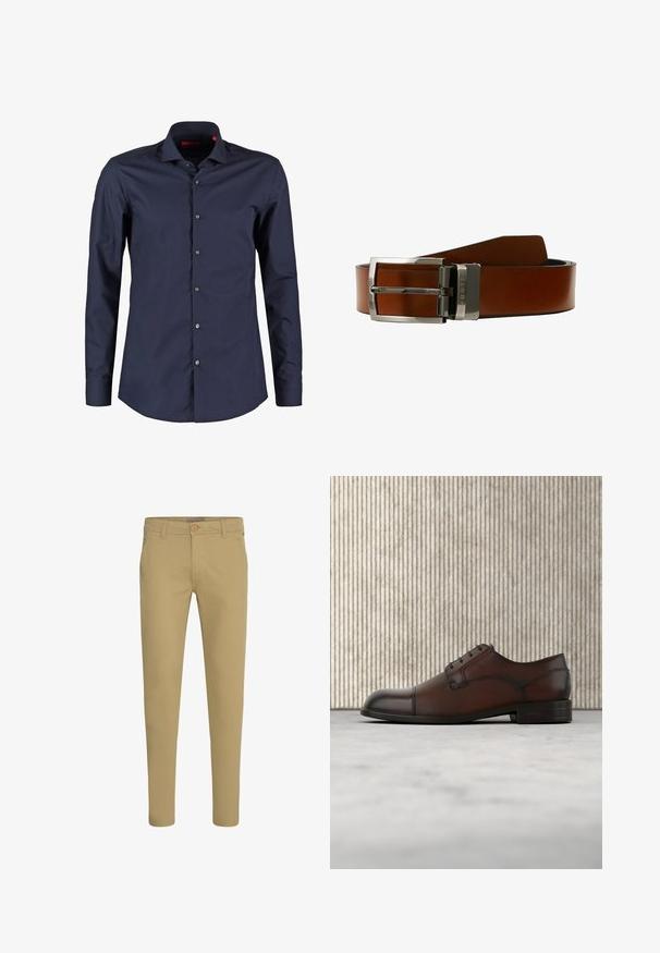 Navy-blaues Langarmhemd aus glattem Baumwollstoff, mit Standardkragen, Vorderknöpfen und taillierter Passform.; Slim-Fit beige Chinos mit Knopf- und Reißverschluss, schrägen Vordertaschen und Gürtelschlaufen, auf weißem Hintergrund dargestellt.; Brauner Lederschuh im Oxford-Stil mit Struktur, schwebend über einem hellen Teppichboden, im Hintergrund ein runder, bernsteinfarbener Tisch.; Brauner Ledergürtel mit glatter Oberfläche, ausgestattet mit einer silbernen Metallschnalle und einem Logo-Akzent. Das Design ist schlicht und klassisch.