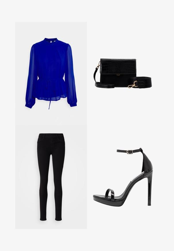 VILA VIKAROLINA - Blouse - mazarine blue; Zwarte slim-fit broek met knoopsluiting, riemlussen en zijzakken, weergegeven tegen een effen lichte achtergrond.; Steve Madden MILANO - Sandalen met hoge hak - black; Zwarte faux leren schoudertas met een krokodillenstructuur, gouden hardware en een afneembare schouderriem. Beschikt over een klepsluiting en een binnencompartiment.