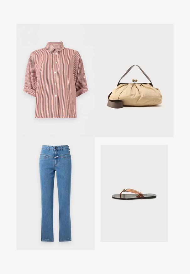 Rød og hvid vertikalt stribet kortærmet skjorte med klassisk krave og knapper.; Lysblå denimjeans med lige ben, høj talje og to forlommer. Har knaplukning og mærkegenkendelse nær kanten.; Sort flad sandal med gennemsigtig brun thongsrem med en skinnende guldrund perle nær tåen, på en ensfarvet baggrund.; Beige stofpose med et samlet design, brunt læderhåndtag og to runde metal-lukninger øverst. Justerbar brun rem medfølger.