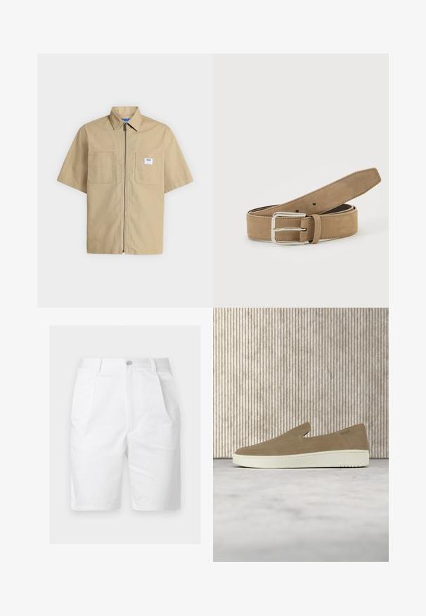Chemise beige à manches courtes avec fermeture éclair à l'avant, deux poches poitrine et un petit patch logo blanc sur la poche droite.; Short blanc mi-long jusqu'aux genoux avec plis à l'avant, poches latérales, passants pour ceinture et fermeture par bouton à la taille.; Chaussure beige sans lacets avec semelle blanche, présentée en suspension sur un tapis clair avec un mobilier transparent de couleur ambre en arrière-plan.; Ceinture en daim marron clair avec boucle métallique argentée, roulée et posée sur une surface blanche.